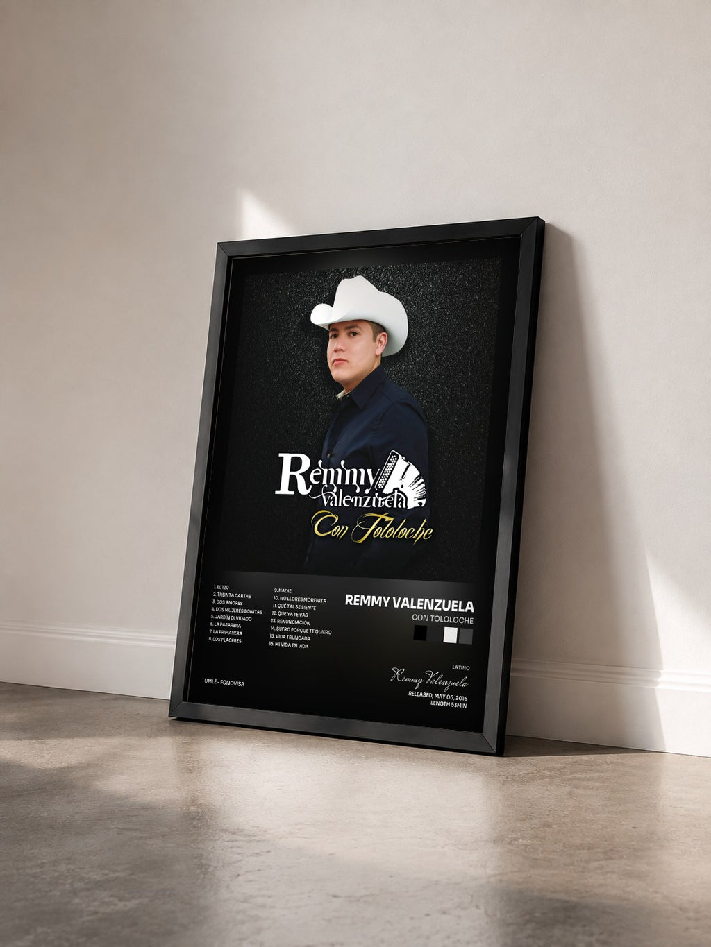 #noir Tableau de l'album Con Tololoche de Remmy Valenzuela vu de trois quarts, cadre noir