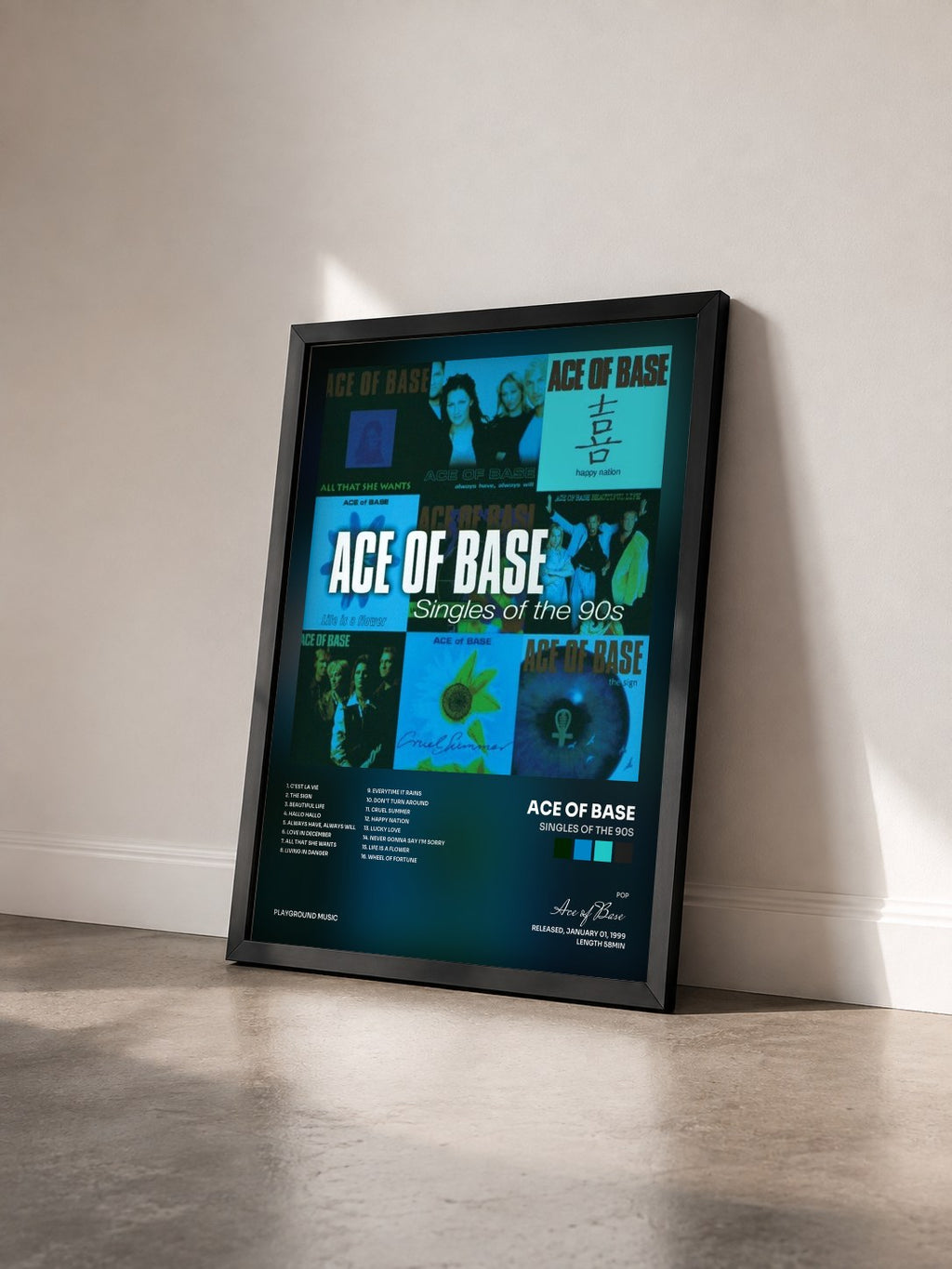 #noir Tableau de l'album Singles of the 90s de Ace of Base vu de trois quarts, cadre noir