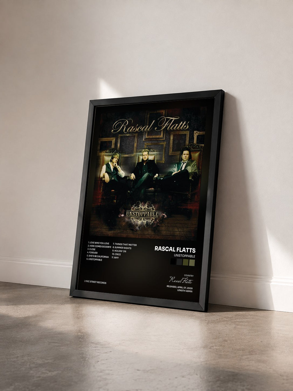 #noir Tableau de l'album Unstoppable de Rascal Flatts vu de trois quarts, cadre noir