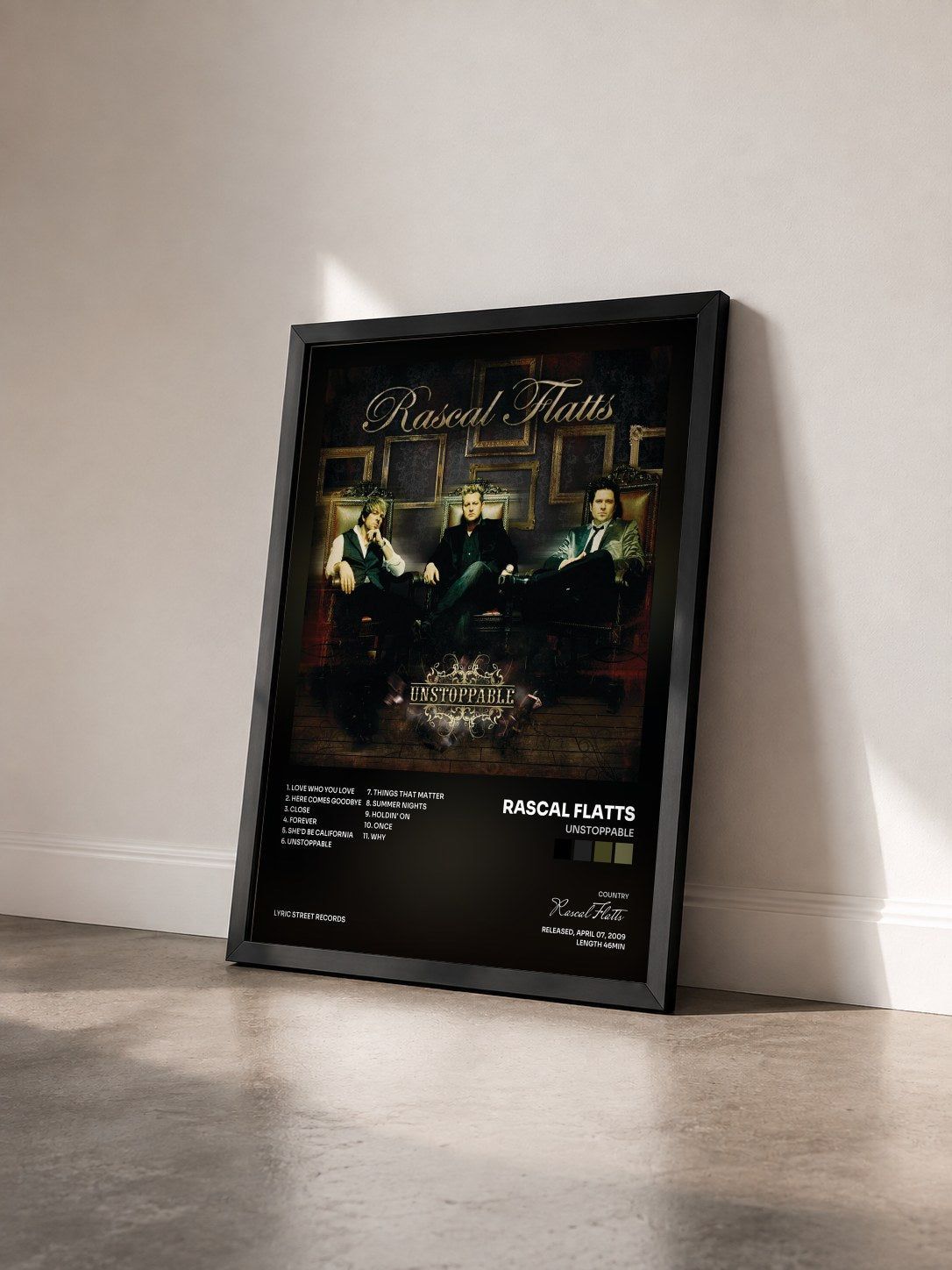 #noir Tableau de l'album Unstoppable de Rascal Flatts vu de trois quarts, cadre noir