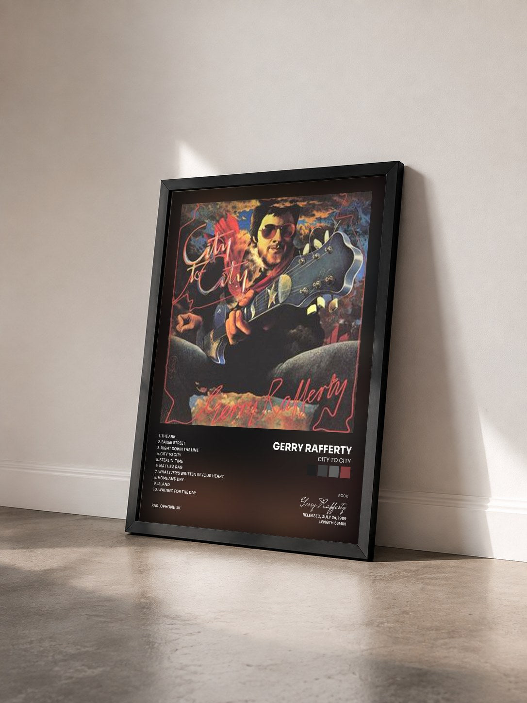 #noir Tableau de l'album City to City de Gerry Rafferty vu de trois quarts, cadre noir