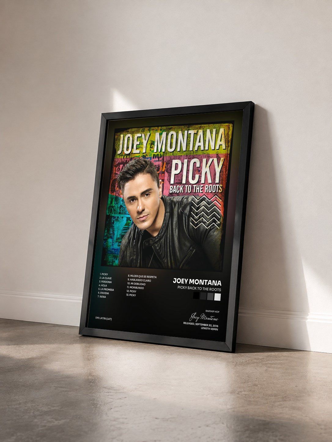 #noir Tableau de l'album Picky Back To The Roots de Joey Montana vu de trois quarts, cadre noir