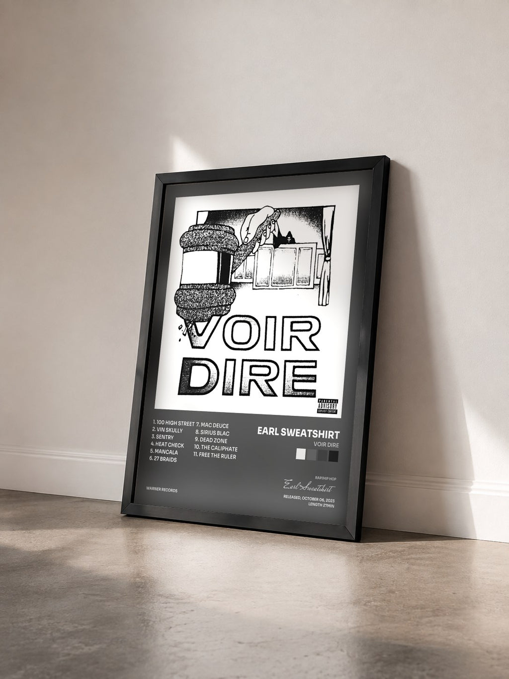#noir Tableau de l'album VOIR DIRE de Earl Sweatshirt vu de trois quarts, cadre noir