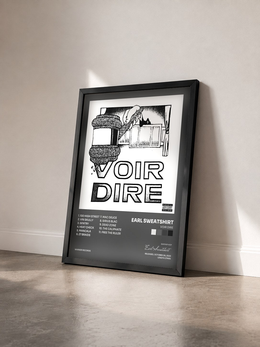 #noir Tableau de l'album VOIR DIRE de Earl Sweatshirt vu de trois quarts, cadre noir
