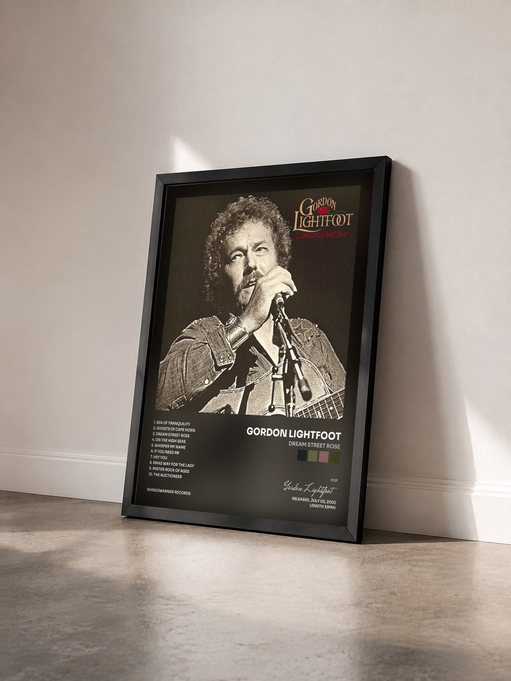 #noir Tableau de l'album Dream Street Rose de Gordon Lightfoot vu de trois quarts, cadre noir