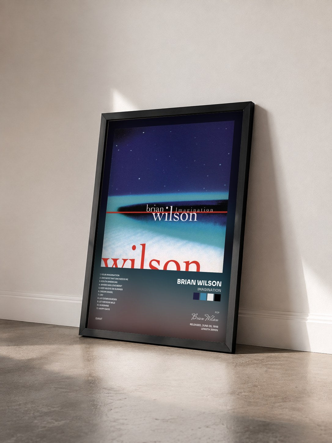 #noir Tableau de l'album Imagination de Brian Wilson vu de trois quarts, cadre noir