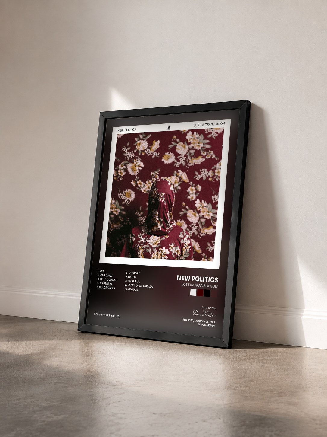 #noir Tableau de l'album Lost in Translation de New Politics vu de trois quarts, cadre noir