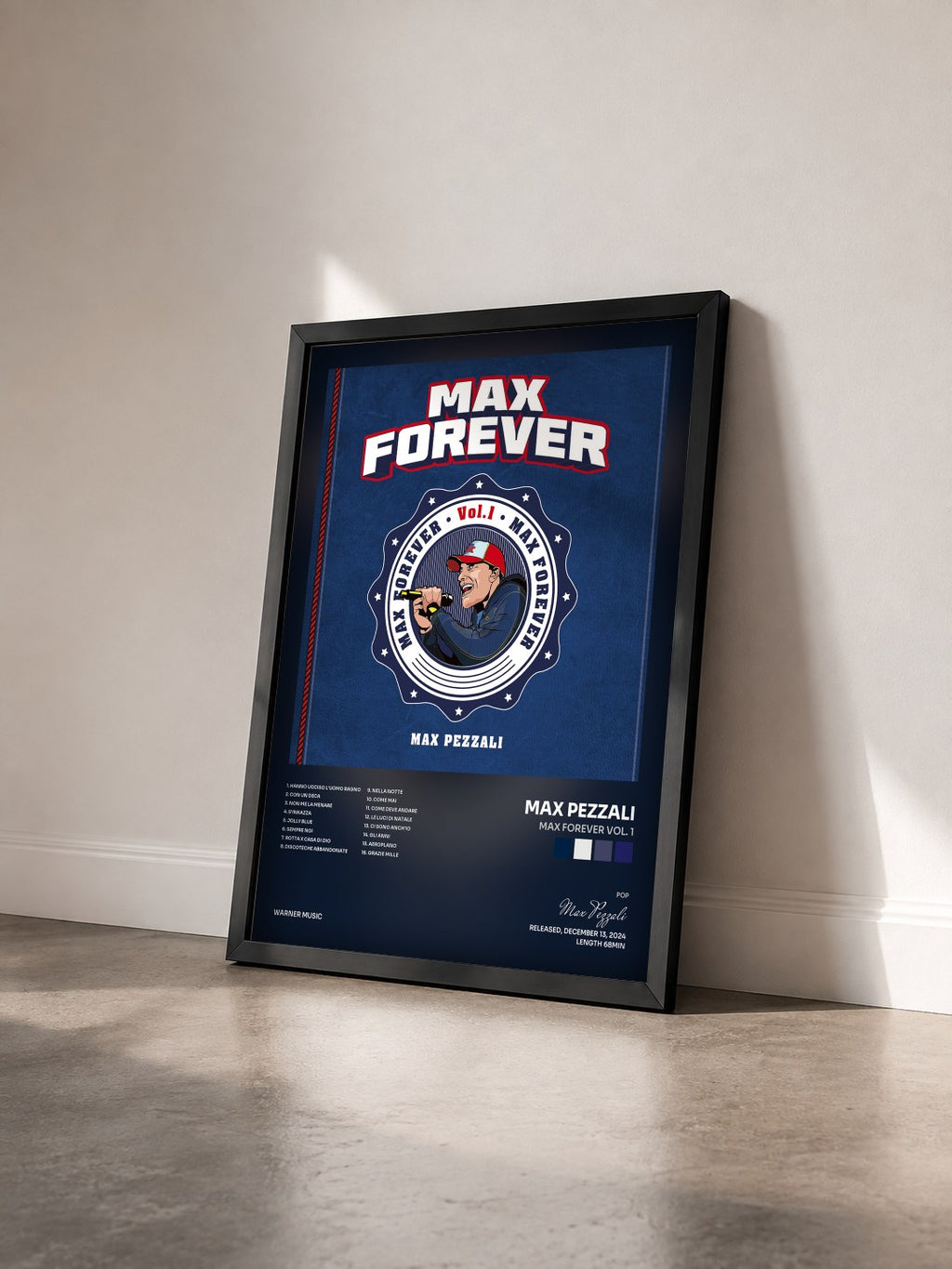 #noir Tableau de l'album Max Forever Vol. 1 de Max Pezzali vu de trois quarts, cadre noir