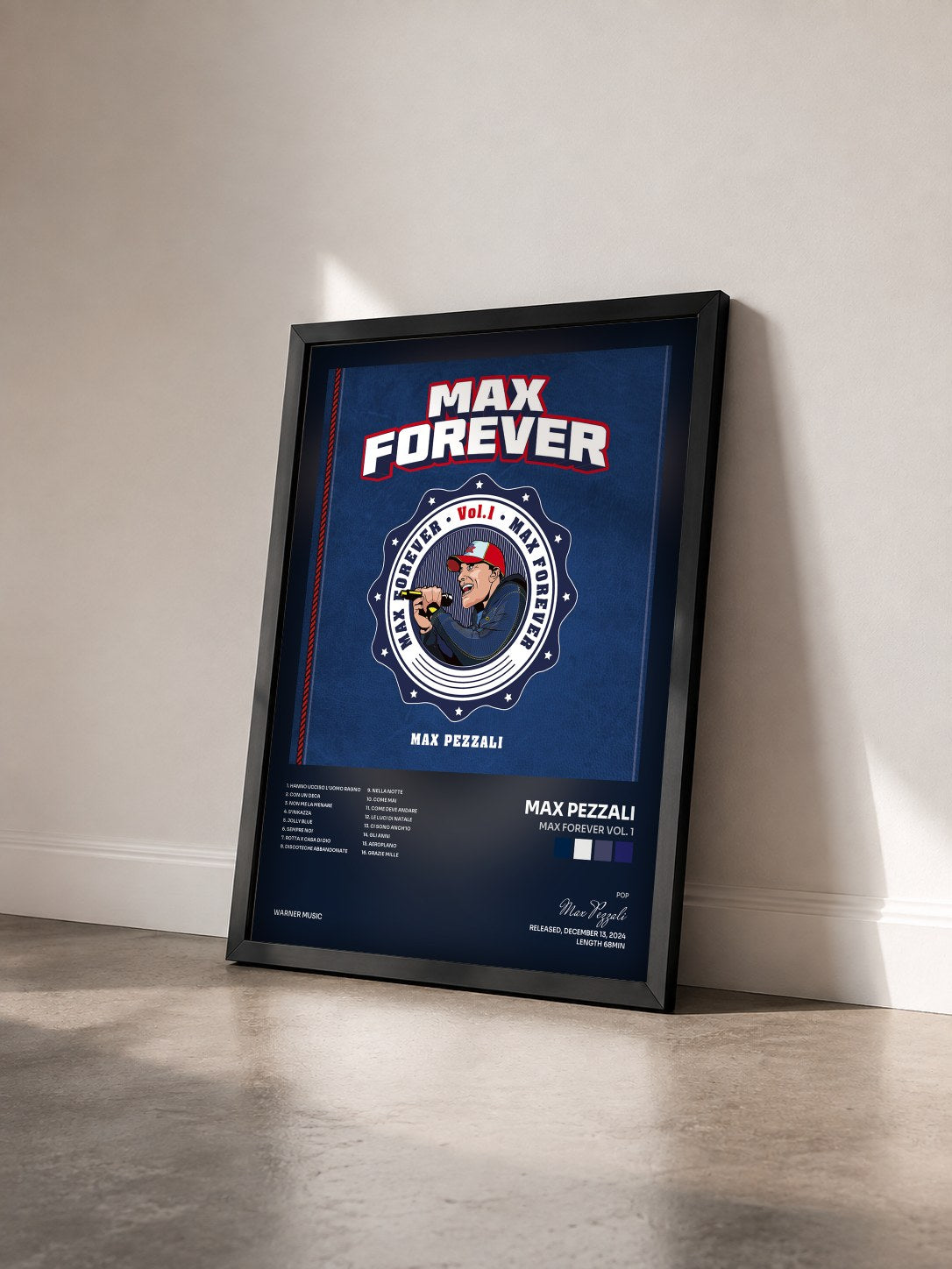 #noir Tableau de l'album Max Forever Vol. 1 de Max Pezzali vu de trois quarts, cadre noir