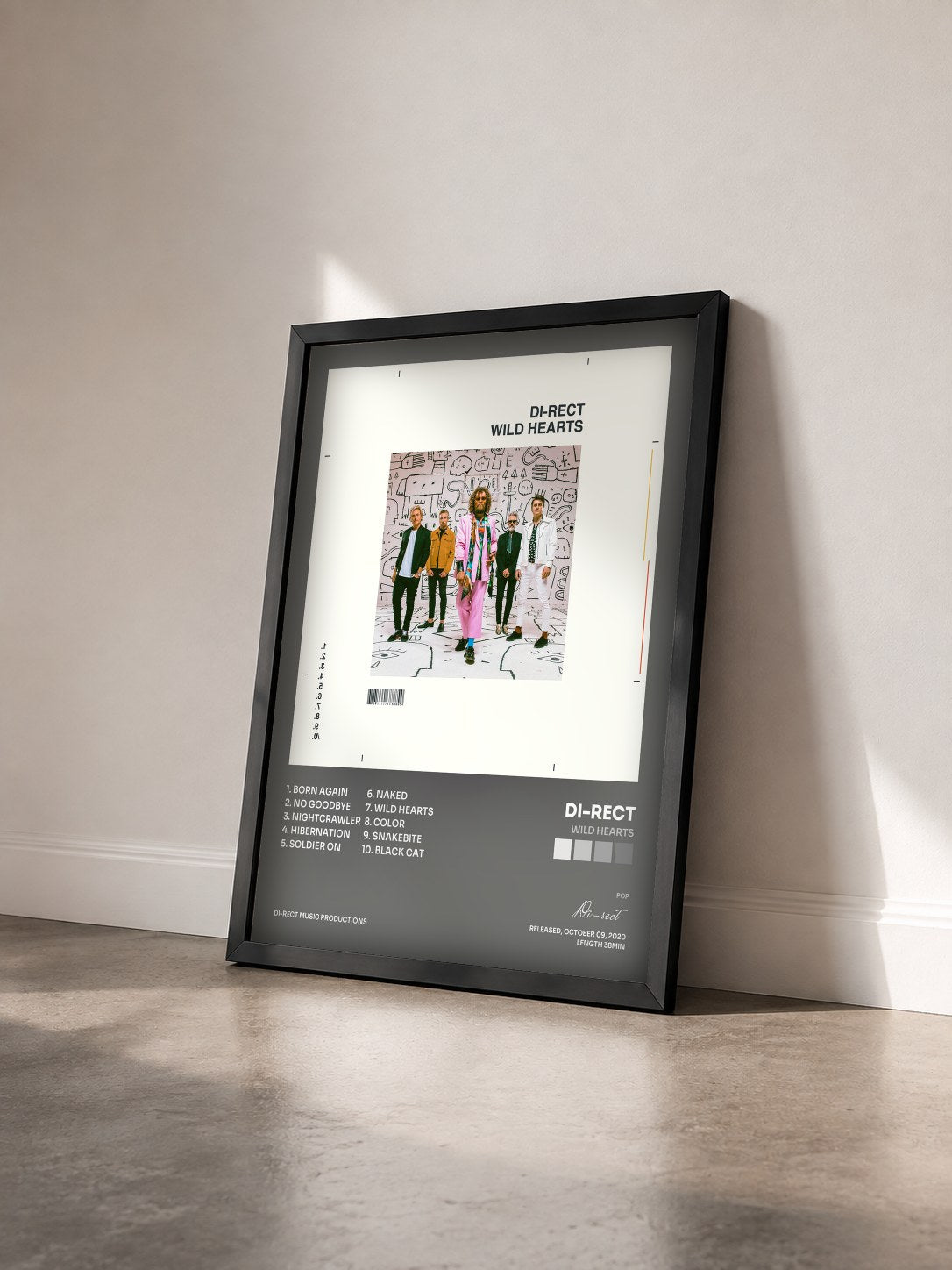 #noir Tableau de l'album Wild Hearts de Di-rect vu de trois quarts, cadre noir