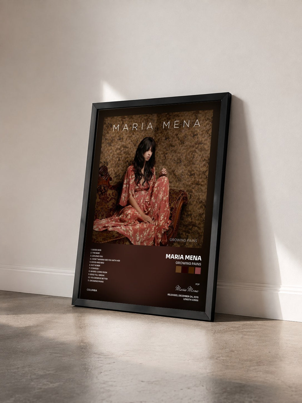 #noir Tableau de l'album Growing Pains de Maria Mena vu de trois quarts, cadre noir