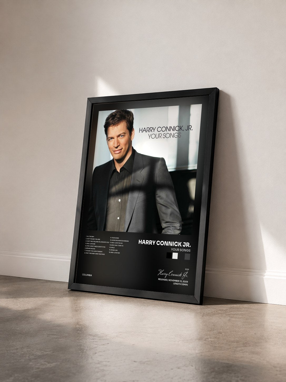 #noir Tableau de l'album Your Songs de Harry Connick Jr. vu de trois quarts, cadre noir