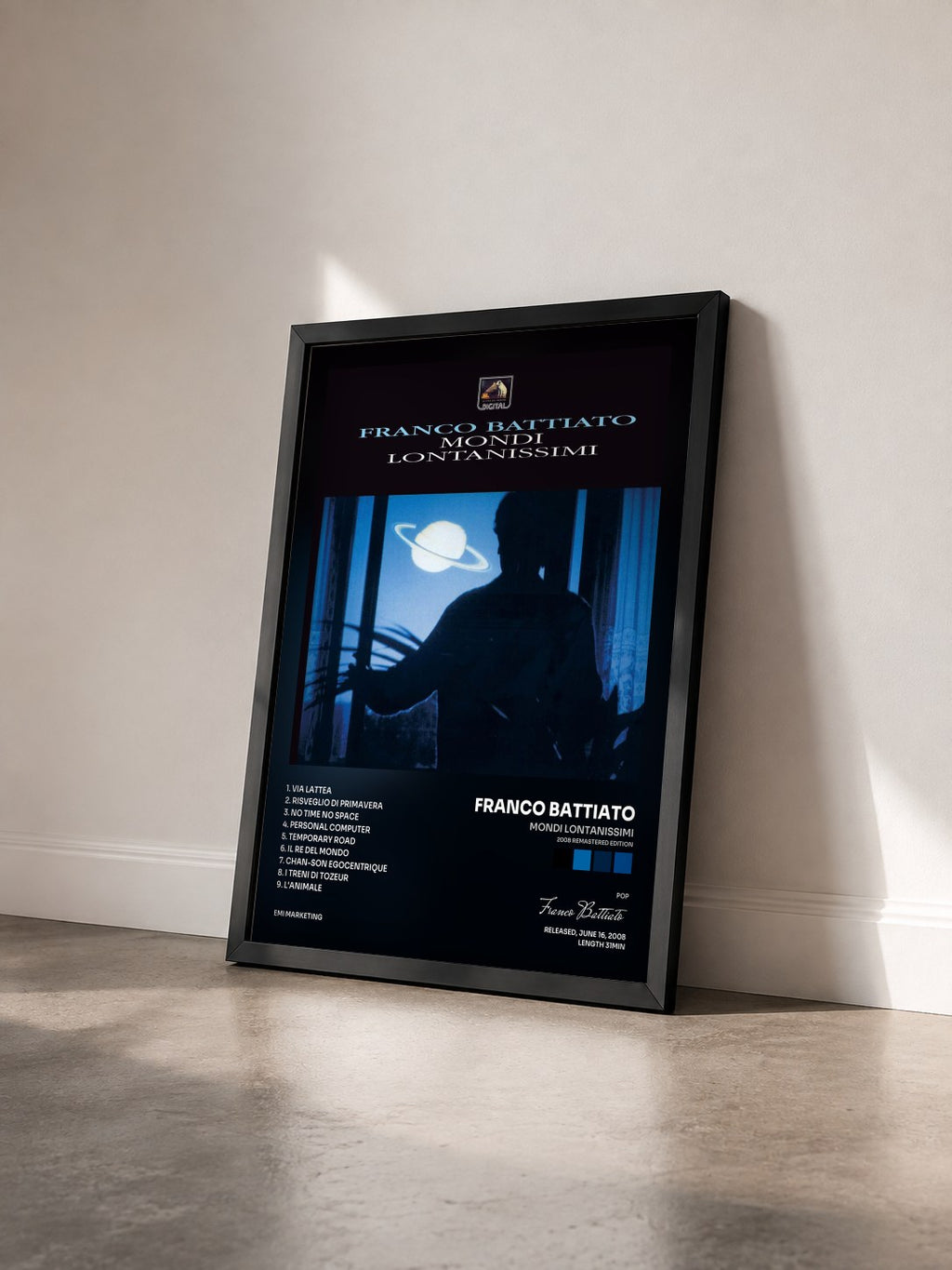 #noir Tableau de l'album Mondi Lontanissimi (2008 Remastered Edition) de Franco Battiato vu de trois quarts, cadre noir