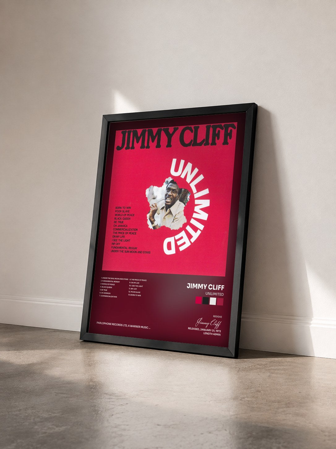 #noir Tableau de l'album Unlimited de Jimmy Cliff vu de trois quarts, cadre noir