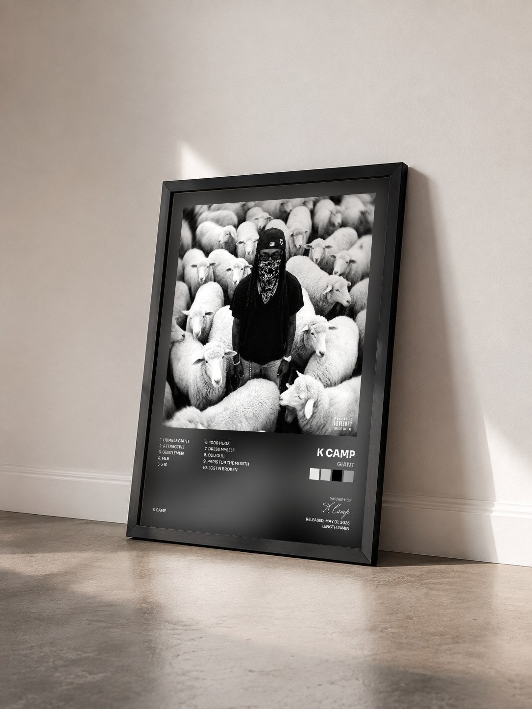 #noir Tableau de l'album GIANT de K Camp vu de trois quarts, cadre noir