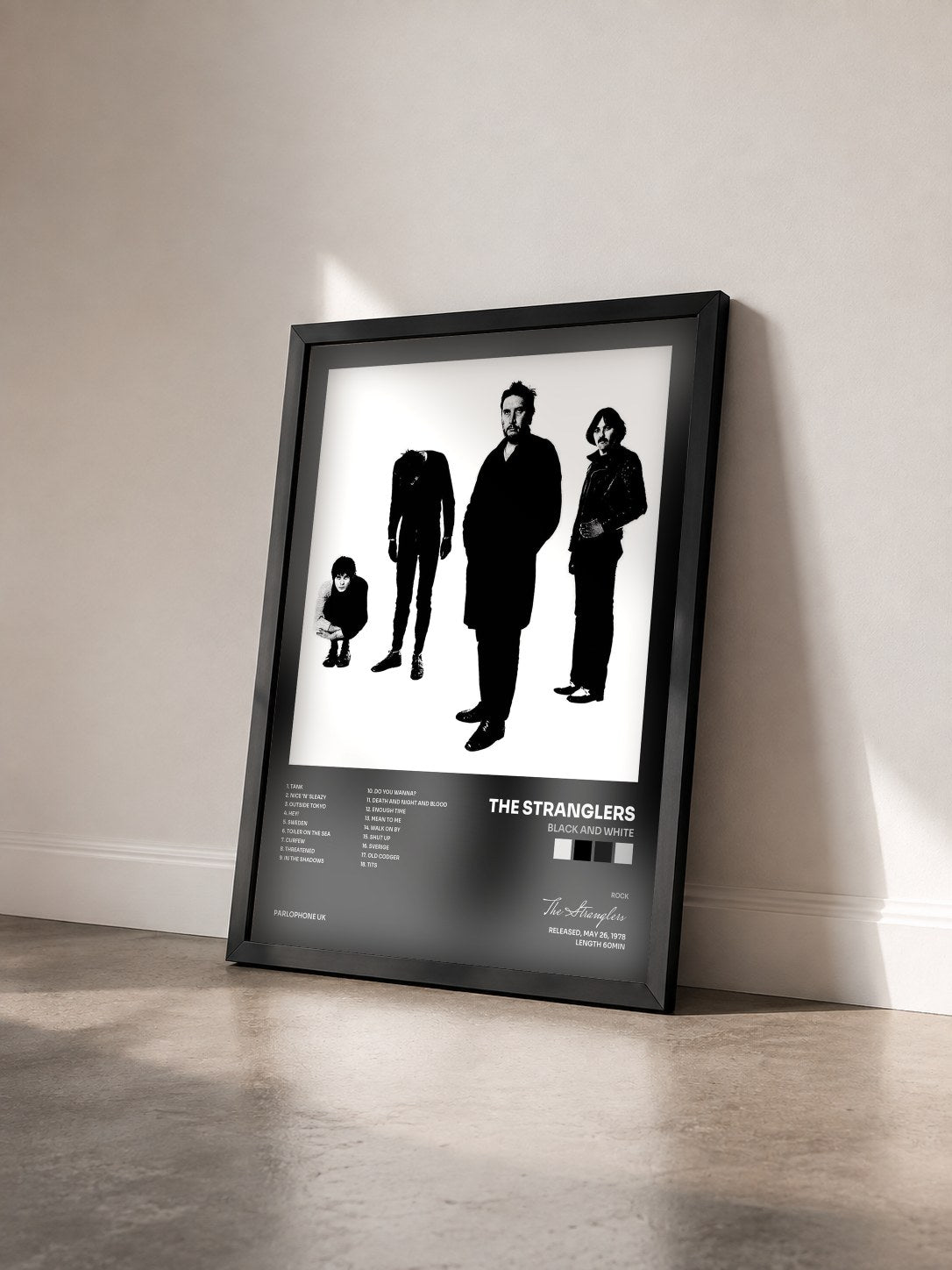 #noir Tableau de l'album Black and White de The Stranglers vu de trois quarts, cadre noir