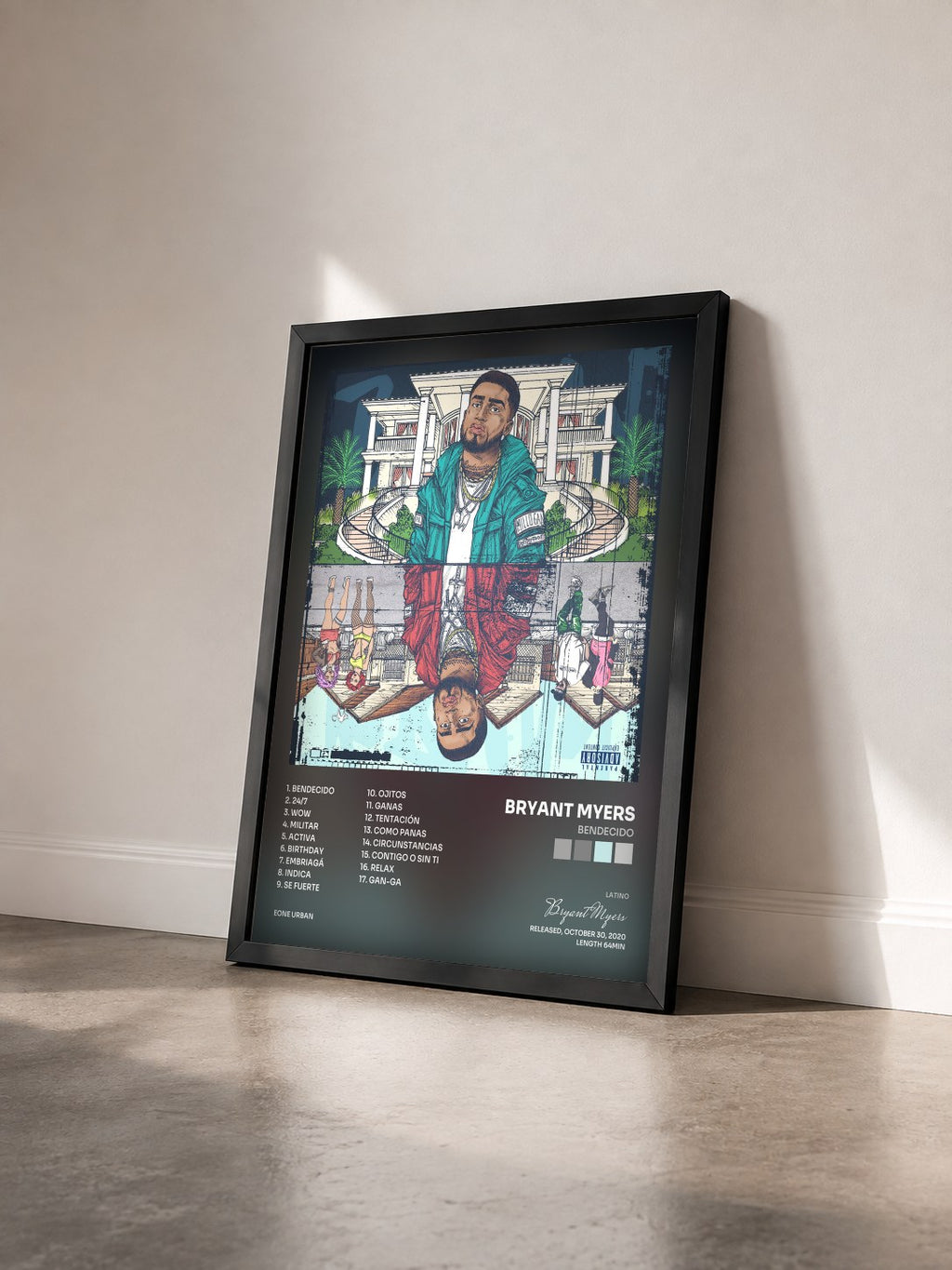 #noir Tableau de l'album Bendecido de Bryant Myers vu de trois quarts, cadre noir