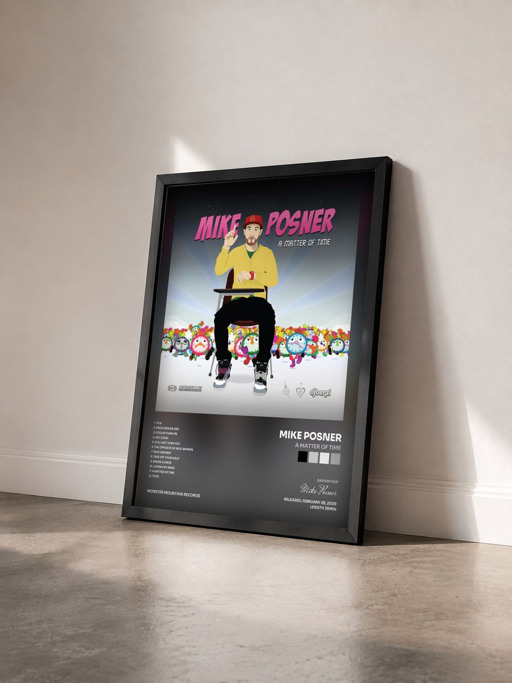 #noir Tableau de l'album A Matter Of Time de Mike Posner vu de trois quarts, cadre noir