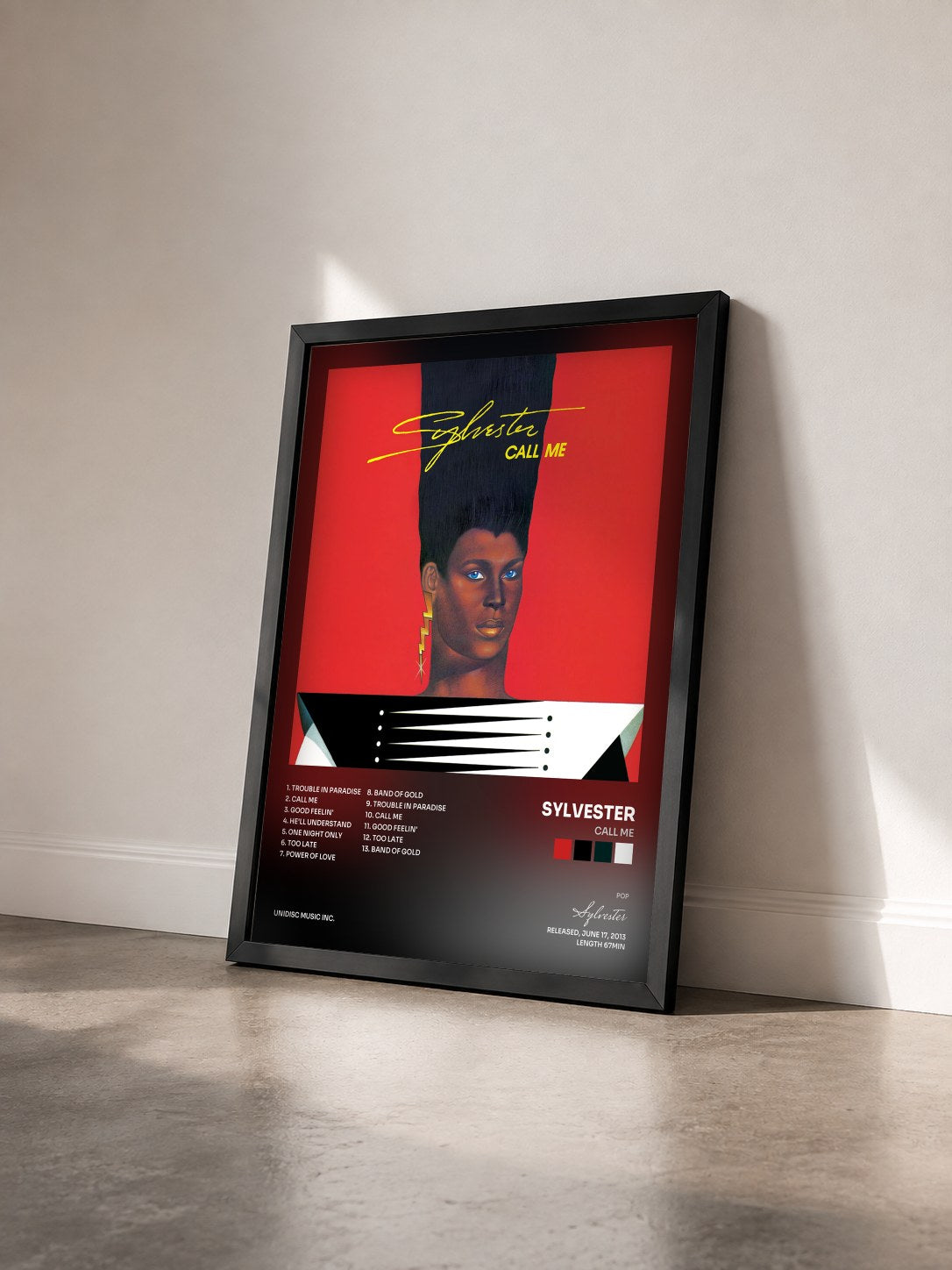 #noir Tableau de l'album Call Me de Sylvester vu de trois quarts, cadre noir
