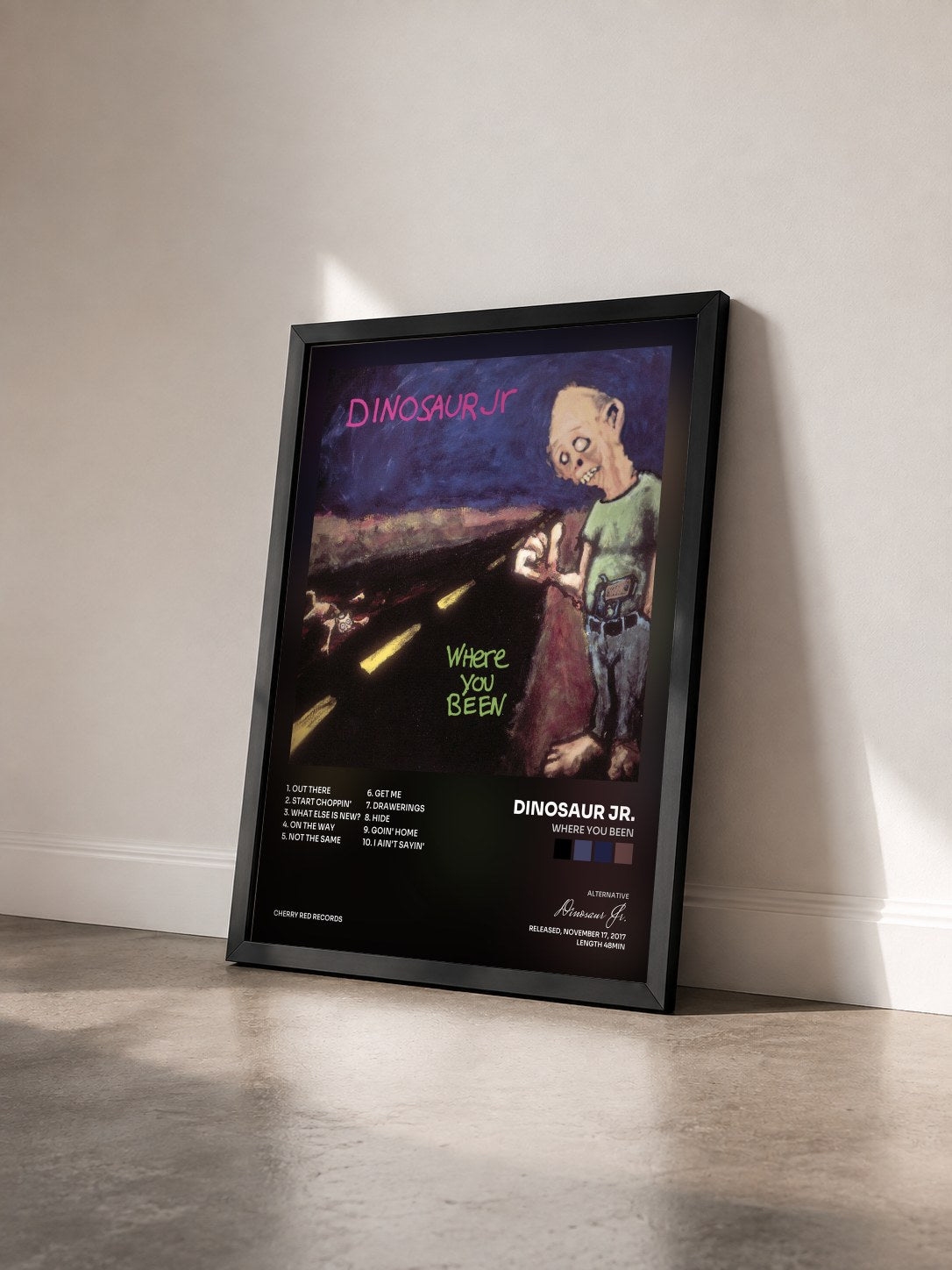 #noir Tableau de l'album Where You Been de Dinosaur Jr. vu de trois quarts, cadre noir