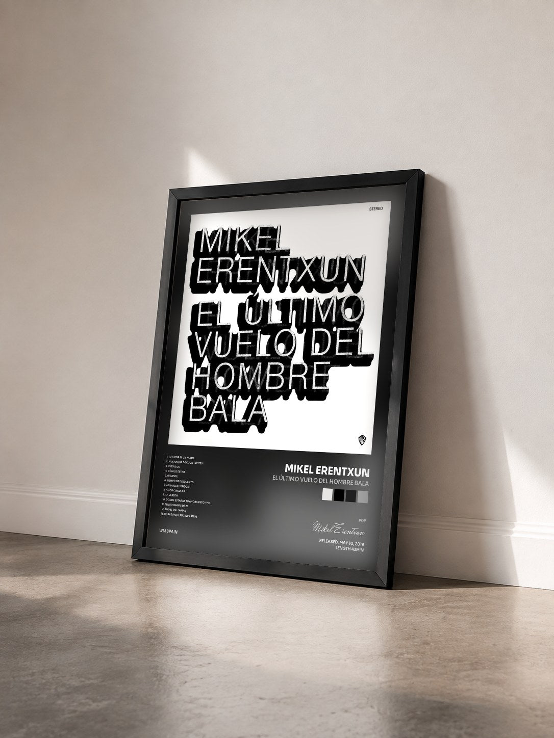 #noir Tableau de l'album El último vuelo del hombre bala de Mikel Erentxun vu de trois quarts, cadre noir