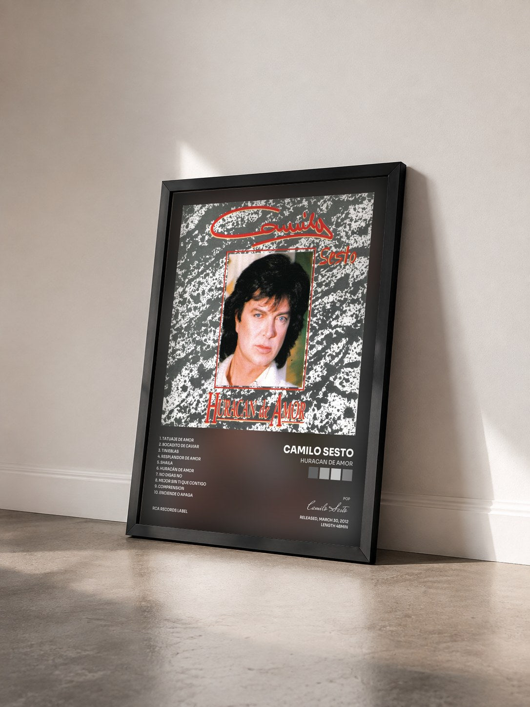 #noir Tableau de l'album Huracan de Amor de Camilo Sesto vu de trois quarts, cadre noir
