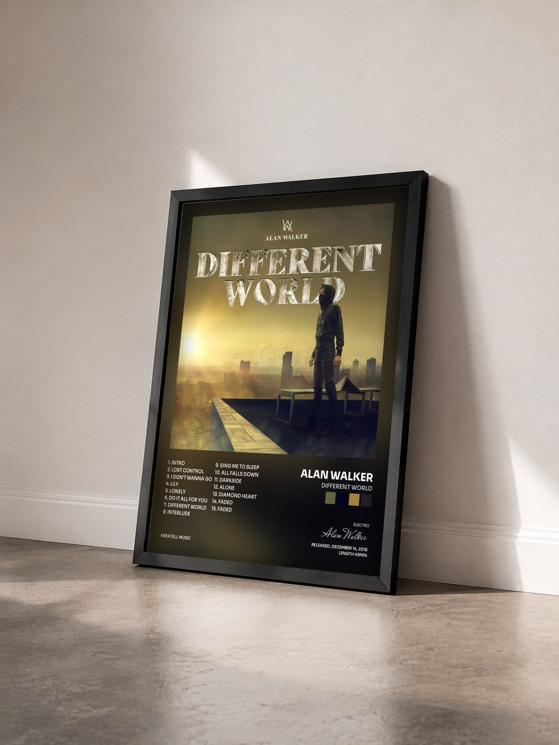 #noir Tableau de l'album Different World de Alan Walker vu de trois quarts, cadre noir