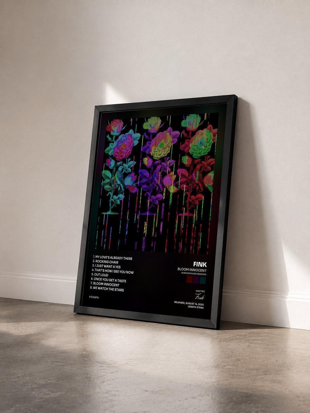 #noir Tableau de l'album Bloom Innocent (Horizontalism Sessions) de Fink vu de trois quarts, cadre noir