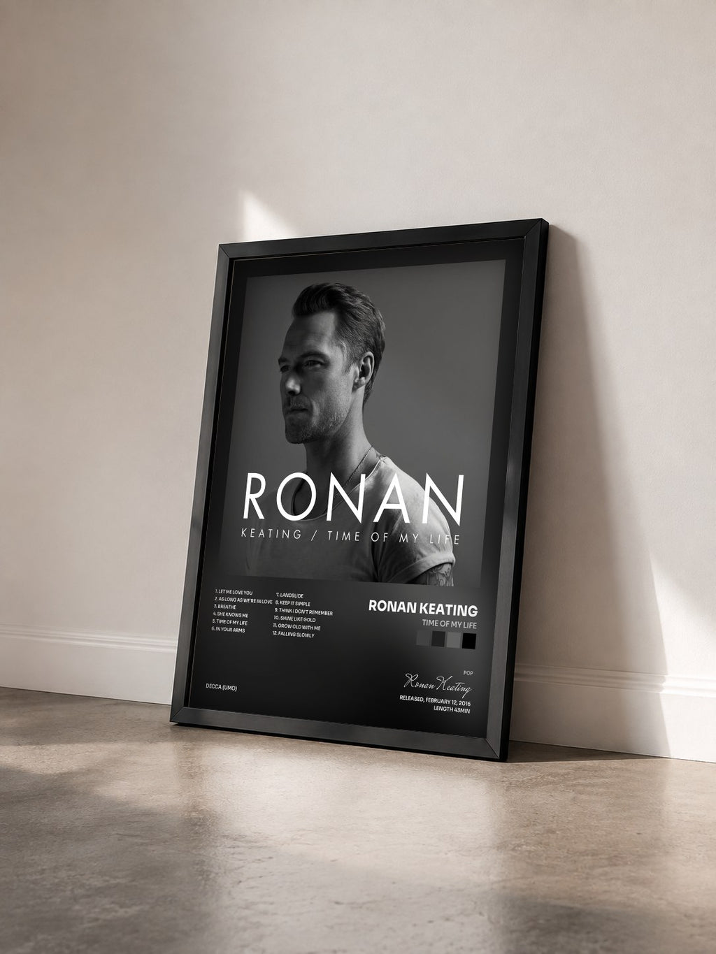 #noir Tableau de l'album Time Of My Life de Ronan Keating vu de trois quarts, cadre noir