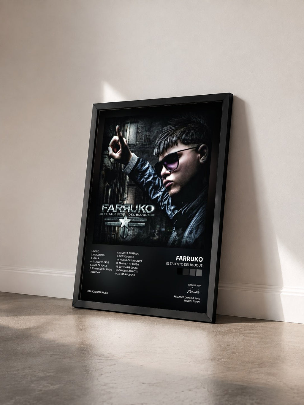 #noir Tableau de l'album El Talento del Bloque de Farruko vu de trois quarts, cadre noir