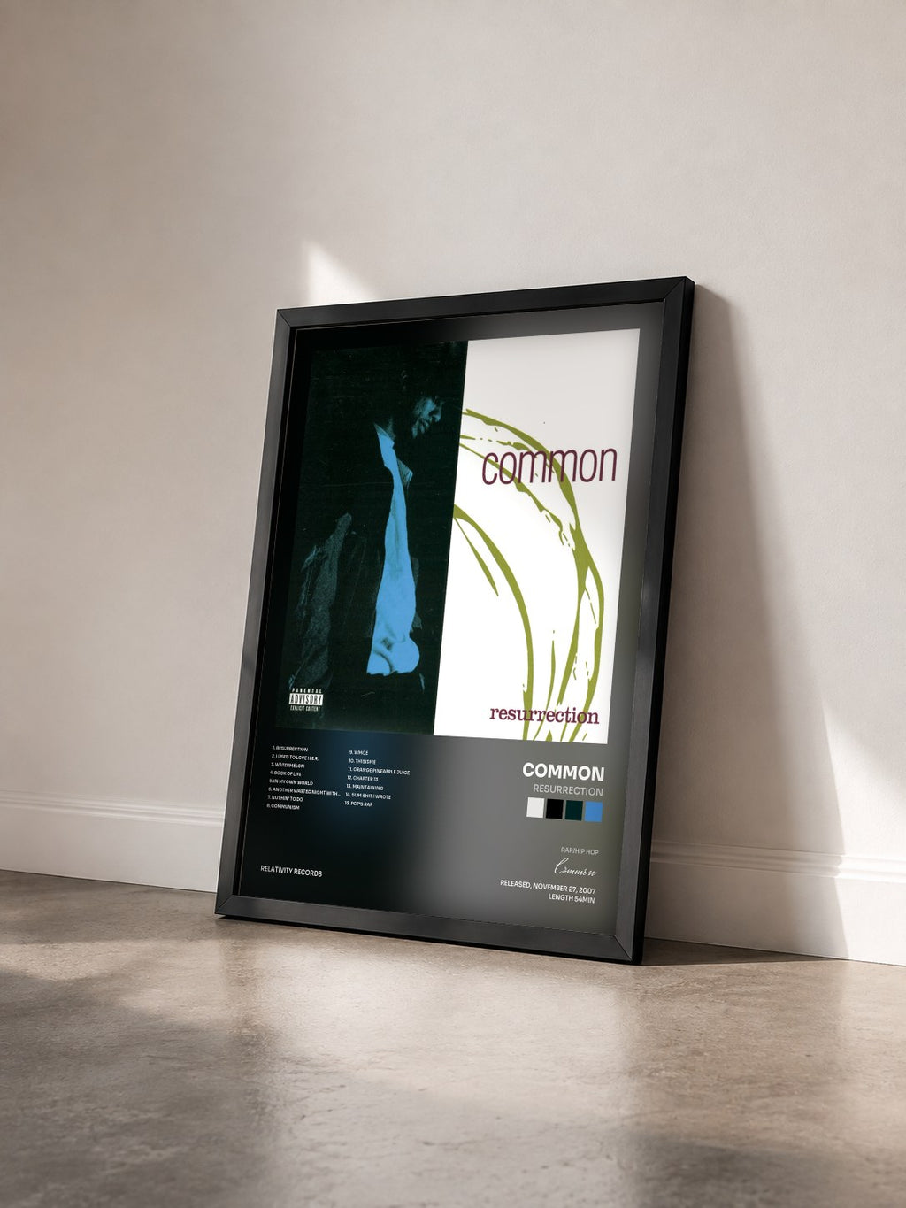 #noir Tableau de l'album Resurrection de Common vu de trois quarts, cadre noir