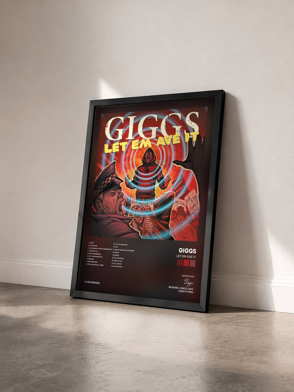 #noir Tableau de l'album Let Em Ave It de Giggs vu de trois quarts, cadre noir