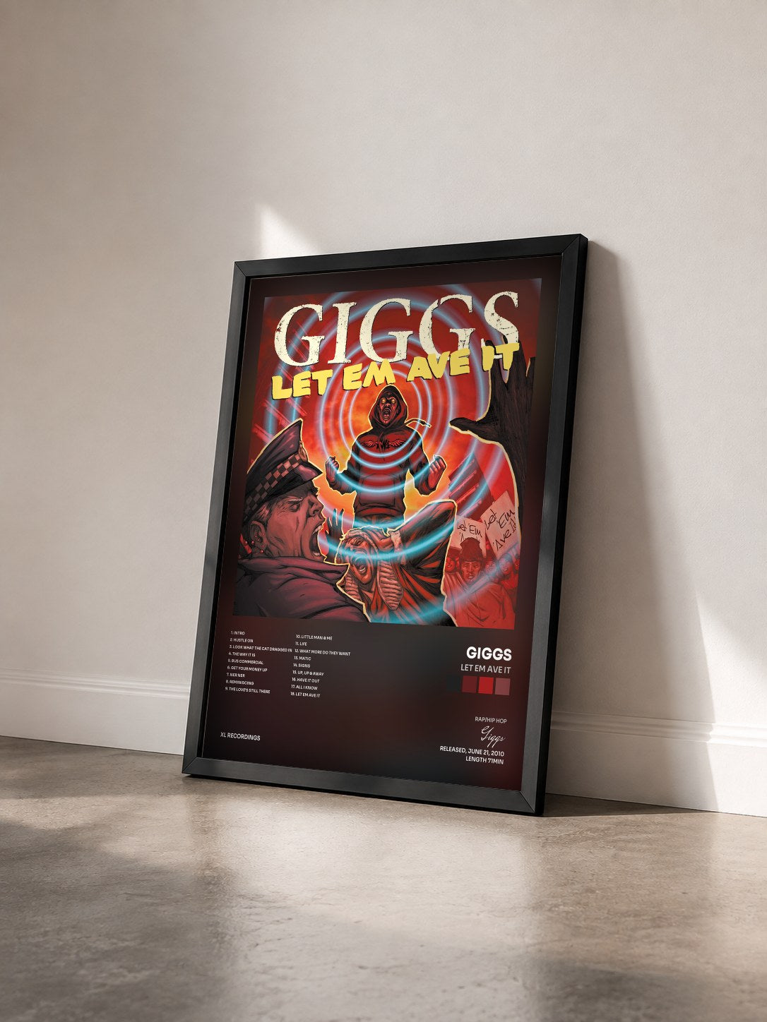 #noir Tableau de l'album Let Em Ave It de Giggs vu de trois quarts, cadre noir