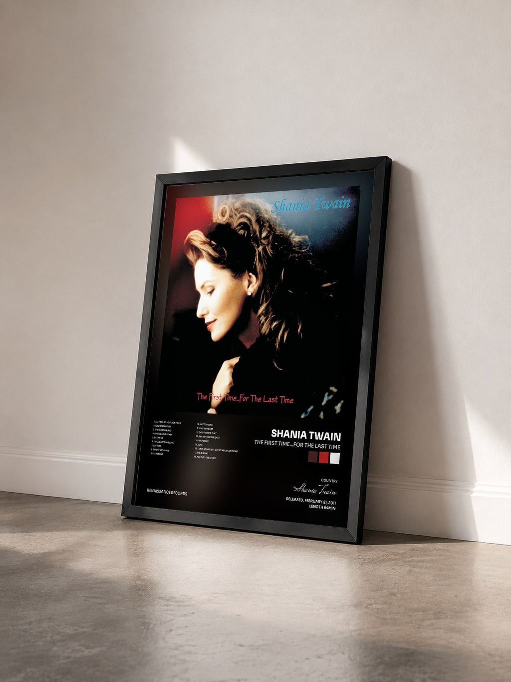 #noir Tableau de l'album The First Time...For The Last Time de Shania Twain vu de trois quarts, cadre noir