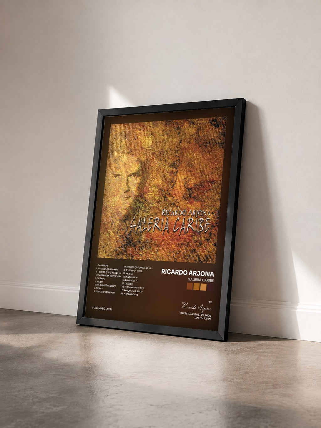#noir Tableau de l'album Galeria Caribe de Ricardo Arjona vu de trois quarts, cadre noir