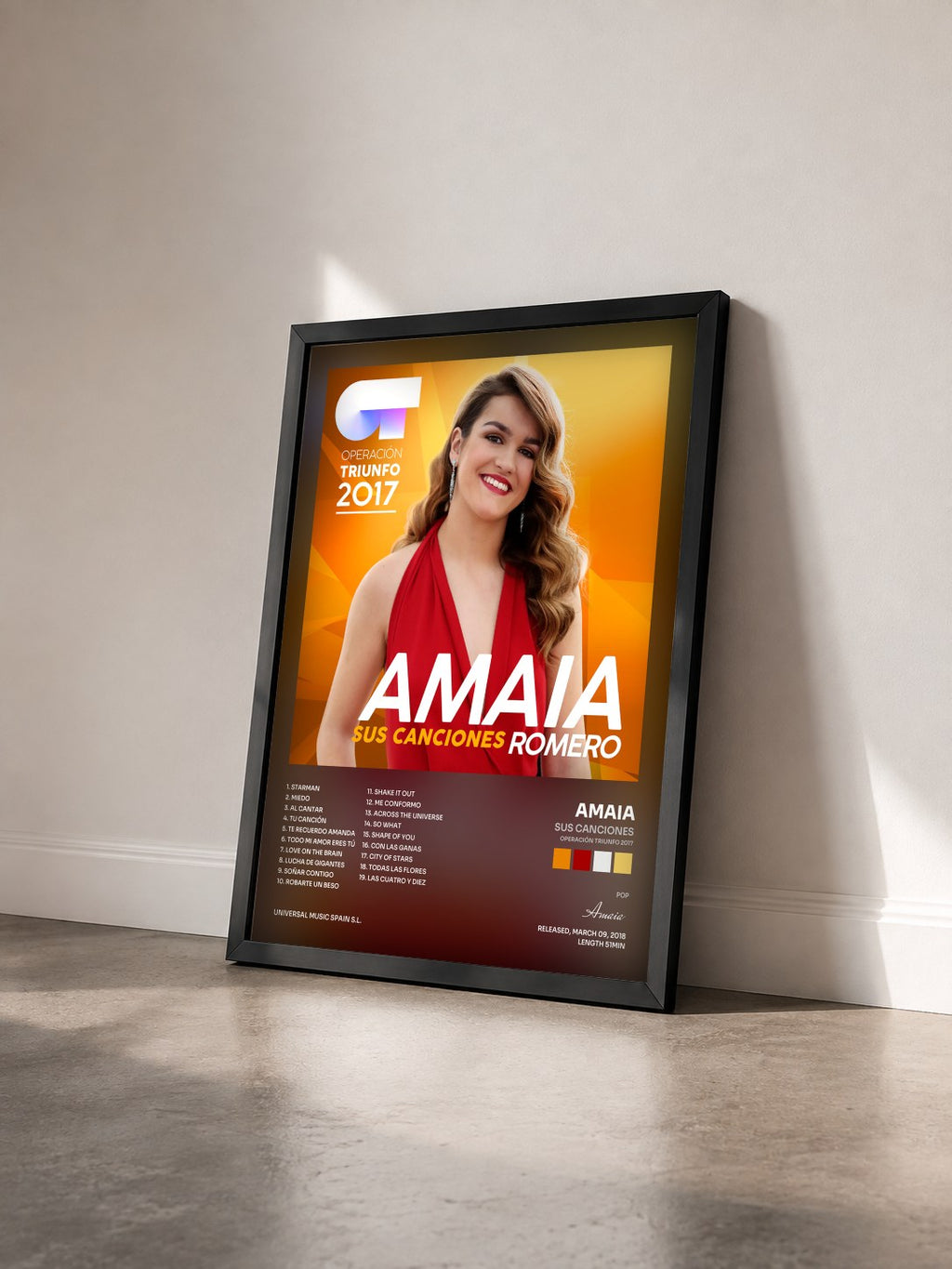 #noir Tableau de l'album Sus Canciones (Operación Triunfo 2017) de Amaia vu de trois quarts, cadre noir