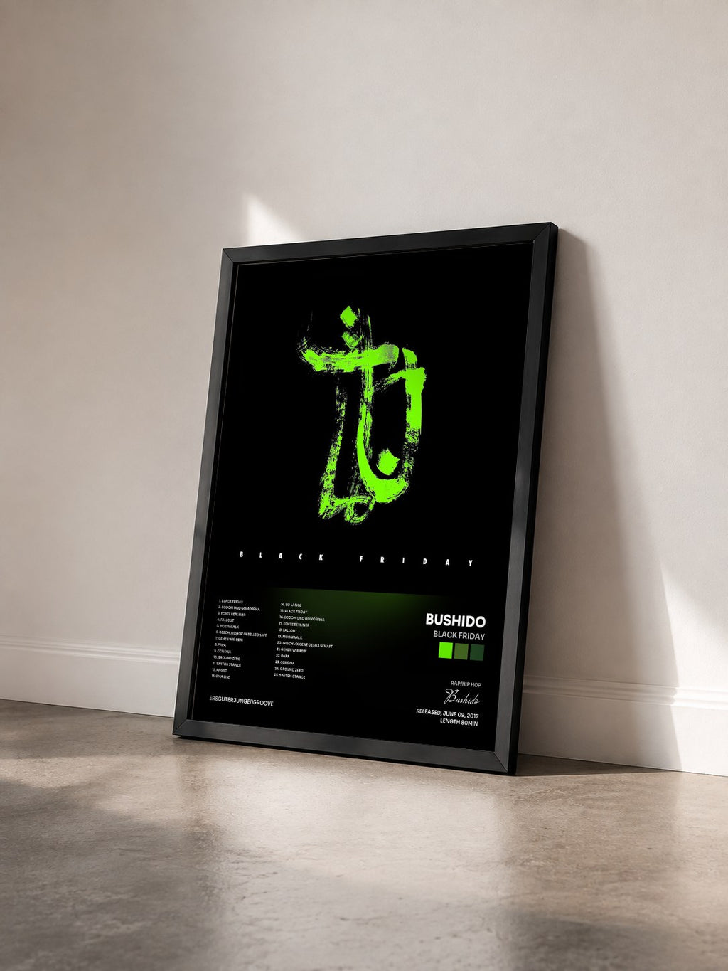 #noir Tableau de l'album Black Friday de Bushido vu de trois quarts, cadre noir