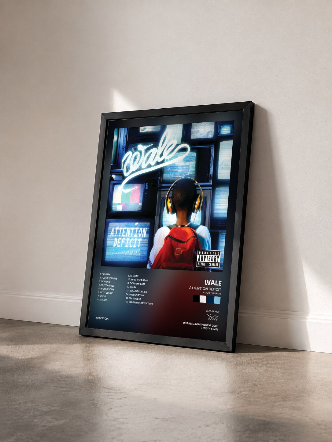 #noir Tableau de l'album Attention Deficit (Explicit Version) de Wale vu de trois quarts, cadre noir
