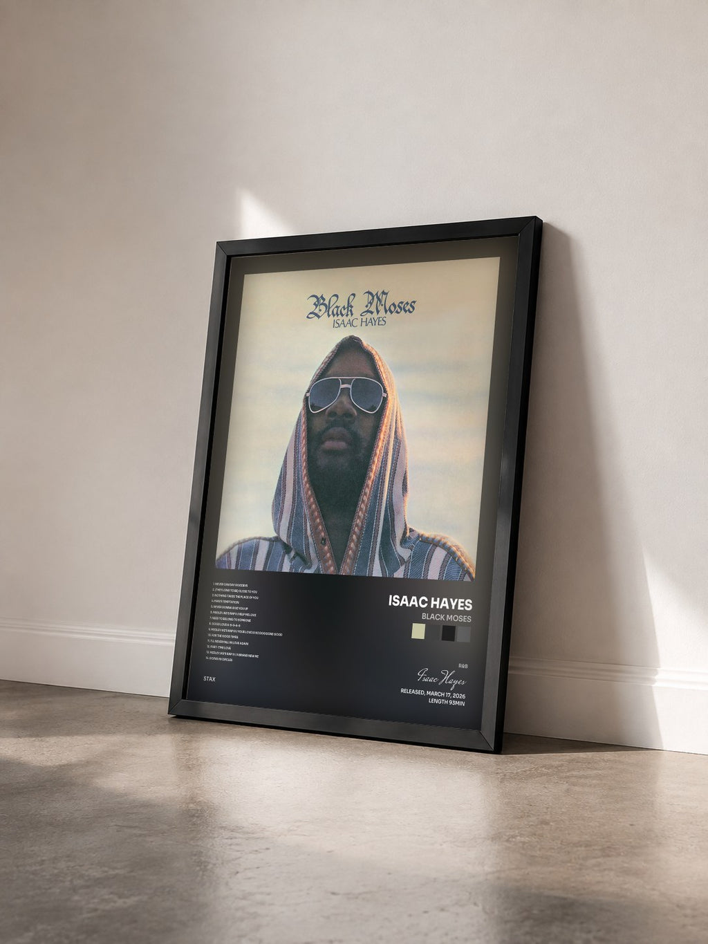 #noir Tableau de l'album Black Moses de Isaac Hayes vu de trois quarts, cadre noir