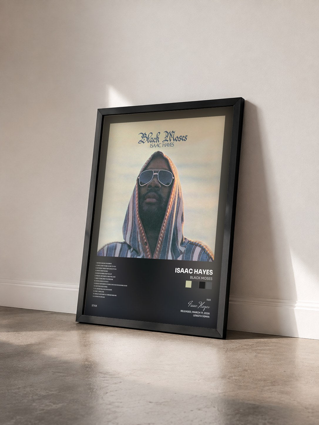 #noir Tableau de l'album Black Moses de Isaac Hayes vu de trois quarts, cadre noir
