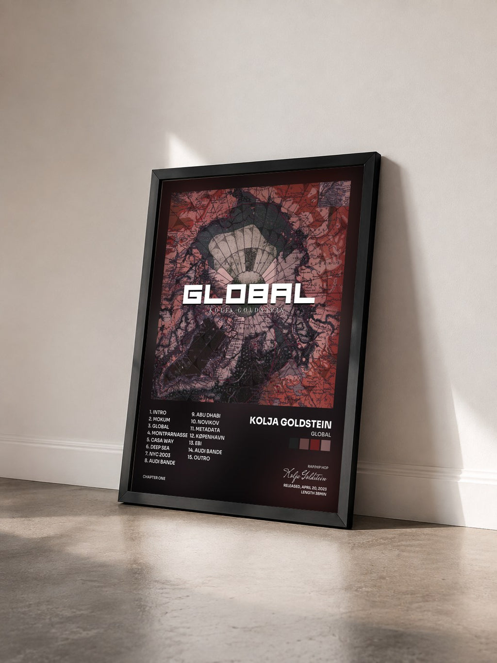 #noir Tableau de l'album GLOBAL de Kolja Goldstein vu de trois quarts, cadre noir
