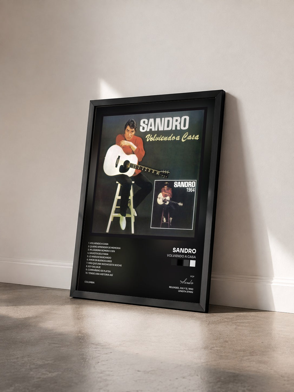 #noir Tableau de l'album Volviendo a Casa de Sandro vu de trois quarts, cadre noir