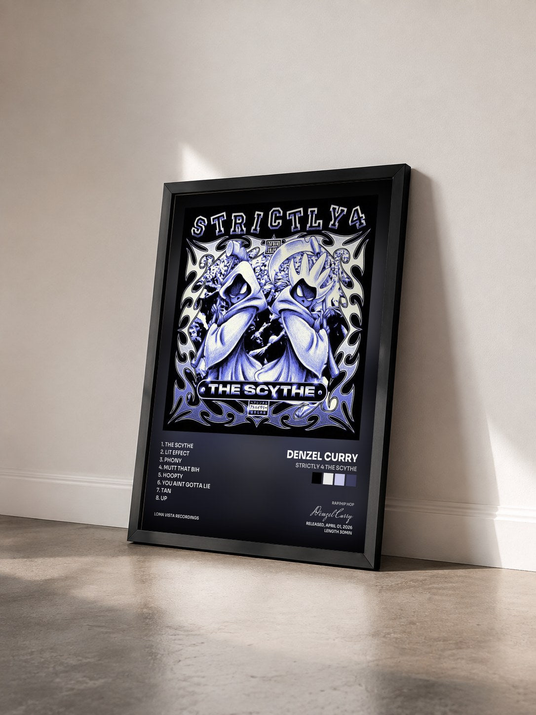 #noir Tableau de l'album Strictly 4 The Scythe de Denzel Curry vu de trois quarts, cadre noir