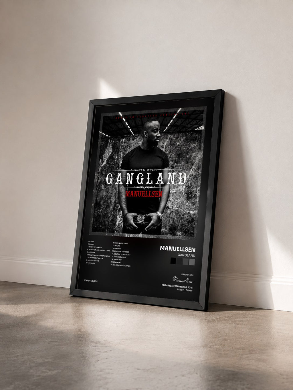 #noir Tableau de l'album Gangland de Manuellsen vu de trois quarts, cadre noir