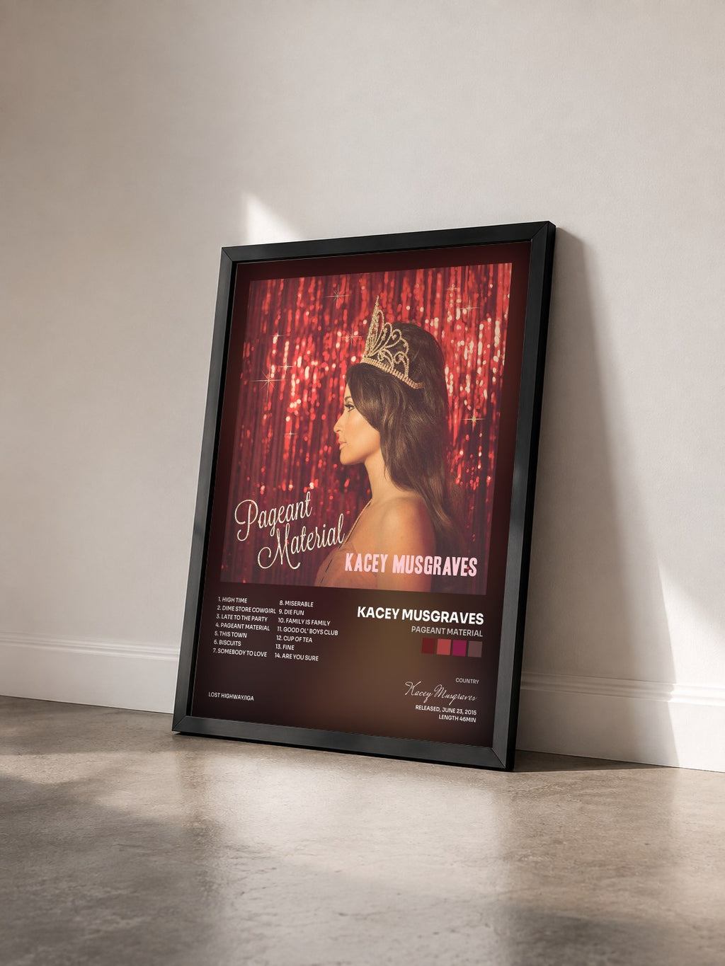 #noir Tableau de l'album Pageant Material de Kacey Musgraves vu de trois quarts, cadre noir