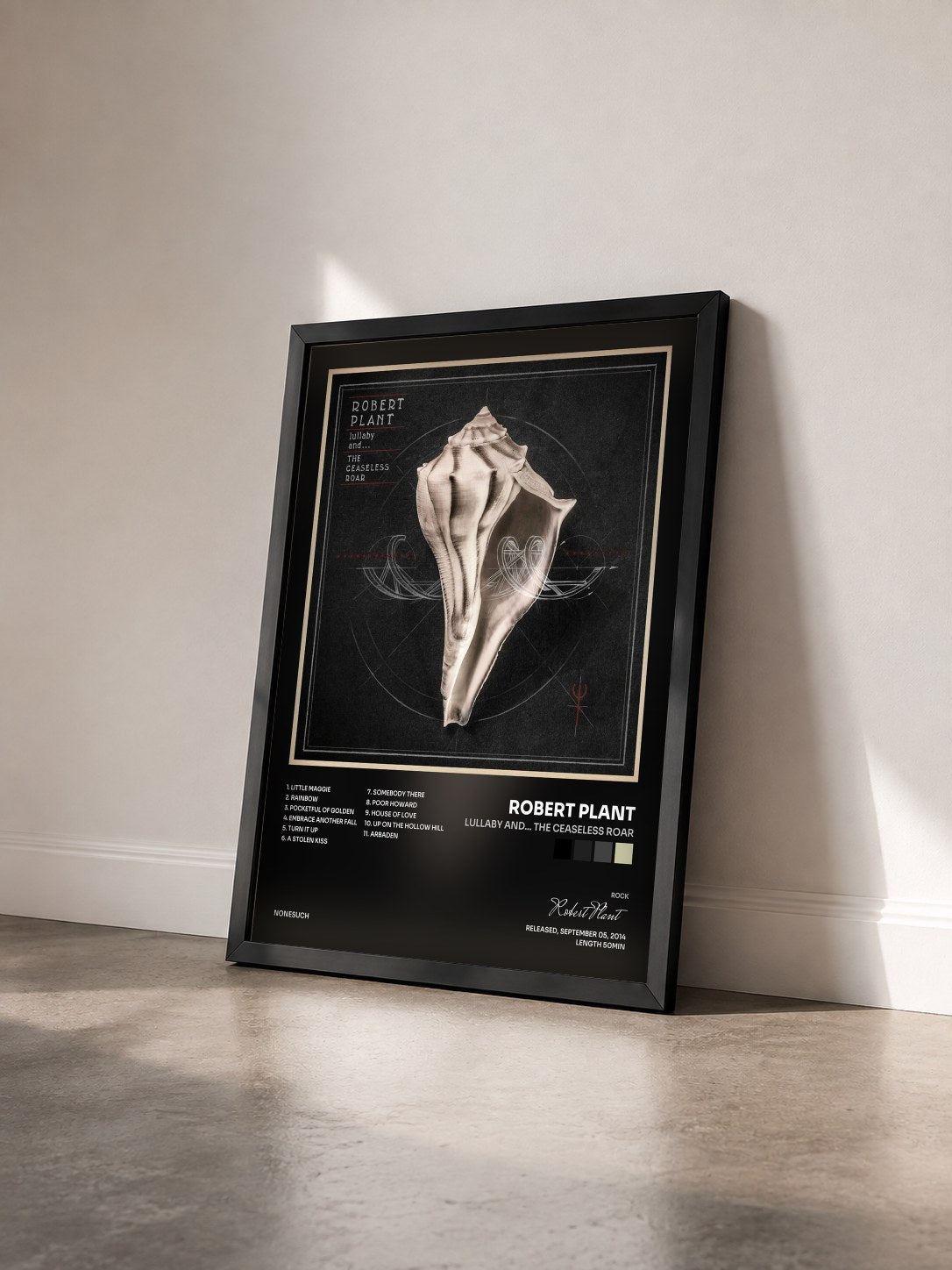 #noir Tableau de l'album lullaby and... The Ceaseless Roar de Robert Plant vu de trois quarts, cadre noir