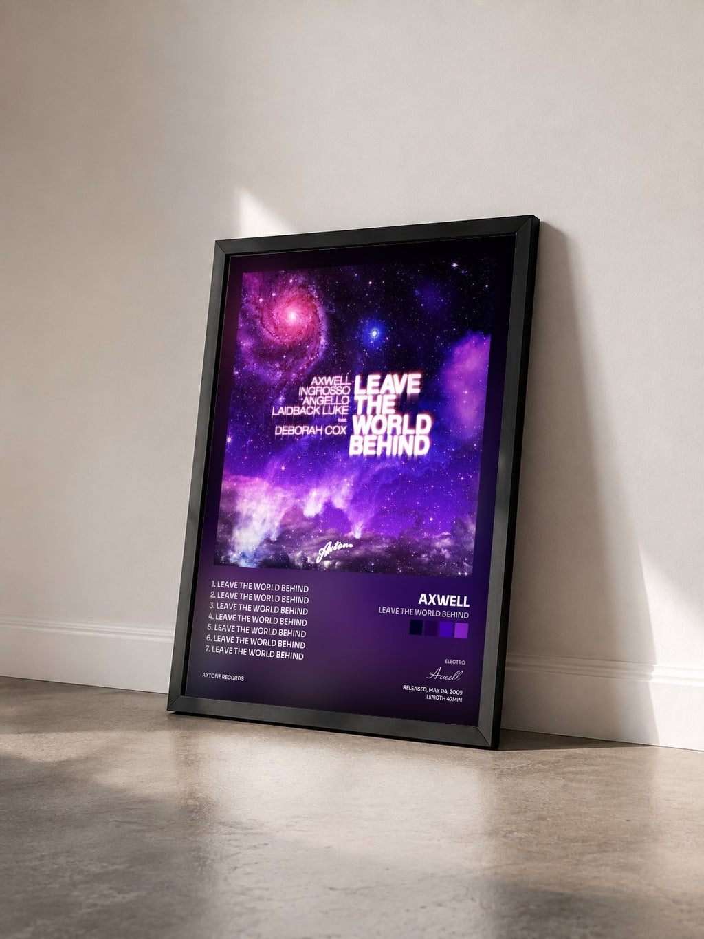 #noir Tableau de l'album Leave The World Behind de Axwell vu de trois quarts, cadre noir