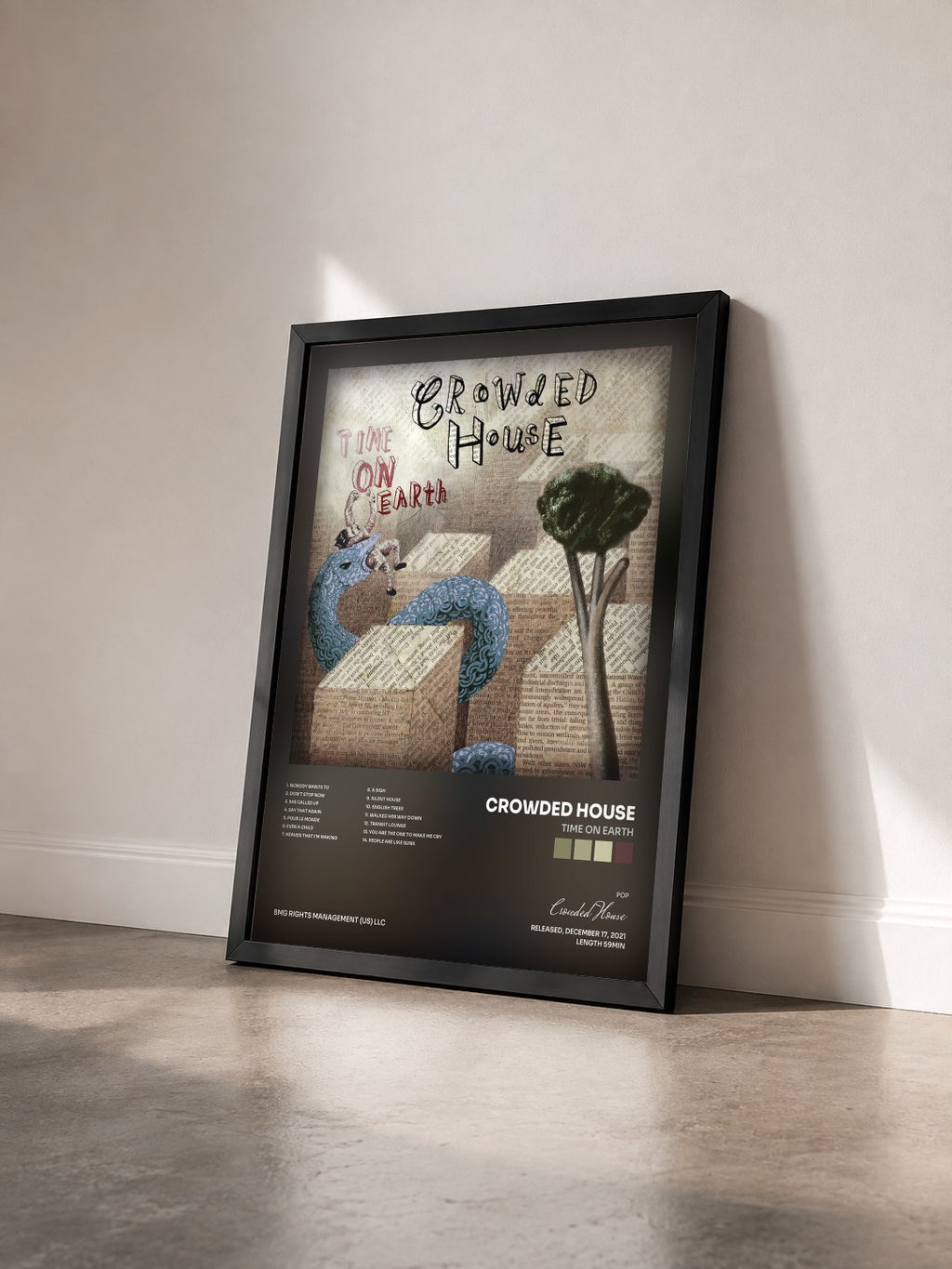 #noir Tableau de l'album Time on Earth de Crowded House vu de trois quarts, cadre noir