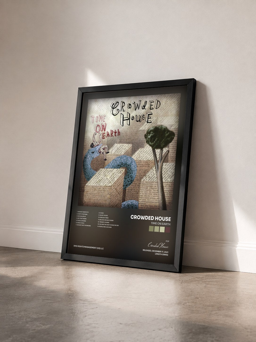 #noir Tableau de l'album Time on Earth de Crowded House vu de trois quarts, cadre noir