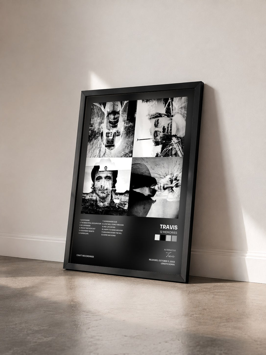 #noir Tableau de l'album 12 Memories de Travis vu de trois quarts, cadre noir